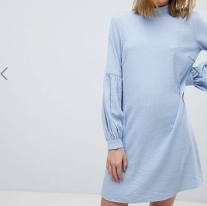 ASOS Pieces seersucker light blue mini shift dress size S balloon sleeves